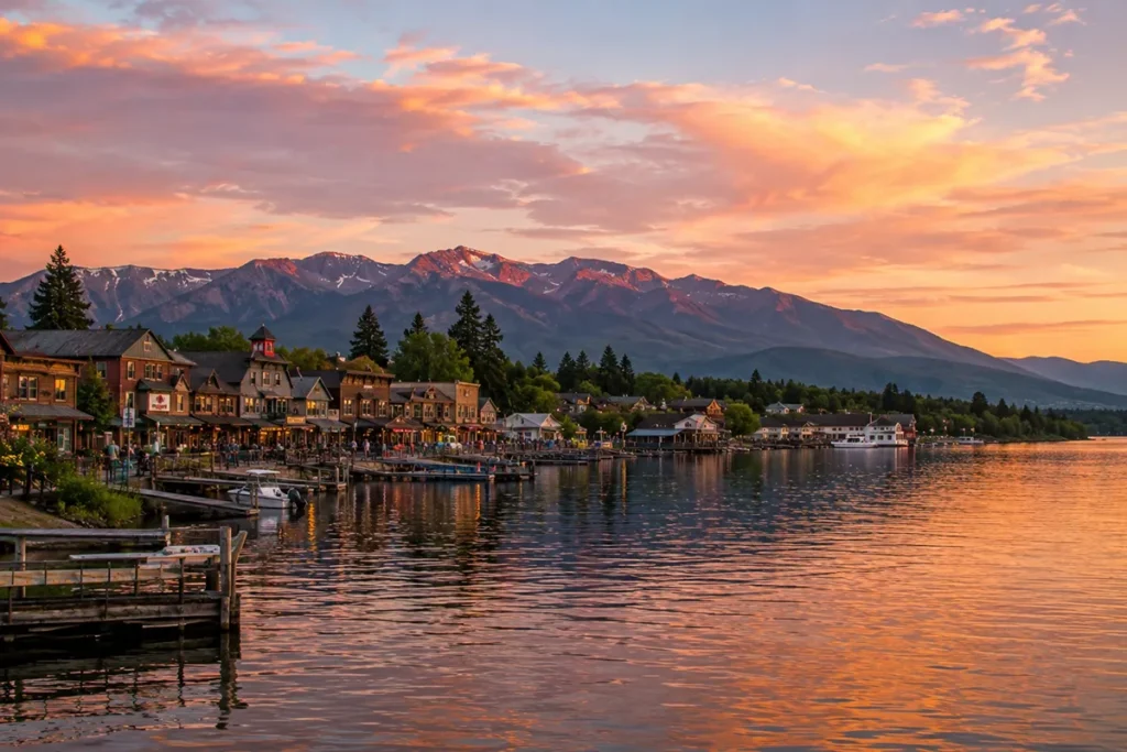 Bigfork Montana village bay at sunset with Flathead Lake reflecting the Swan Range mountains and colorful storefronts on Electric Avenue