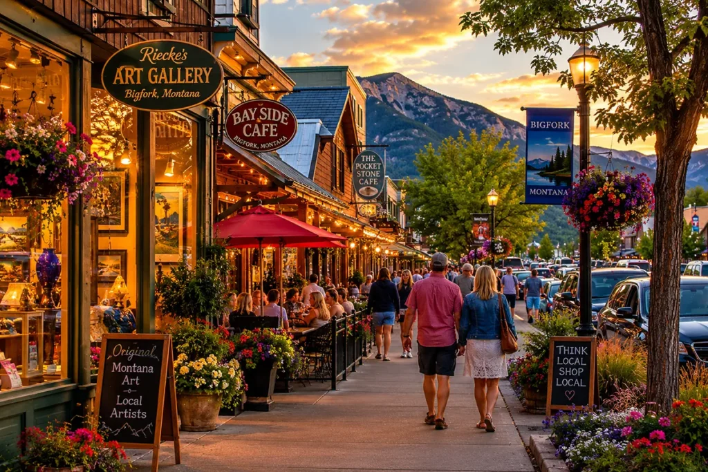 Electric Avenue in Bigfork Montana lined with art galleries and restaurants on a summer evening