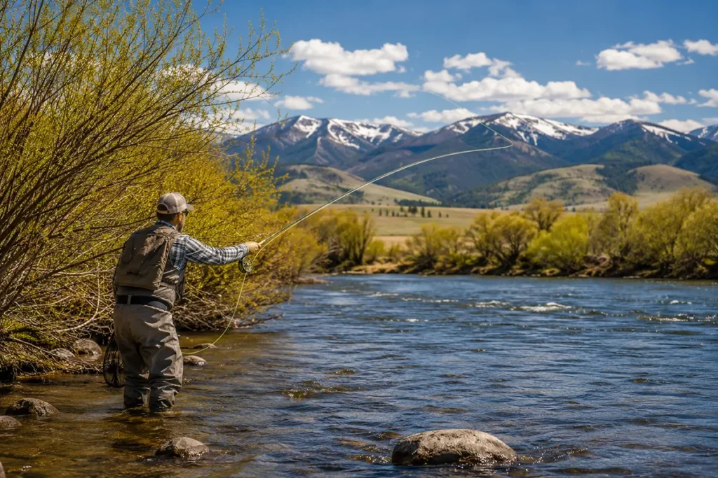 Fly fisherman casting on the Beaverhead River with willows along the bank