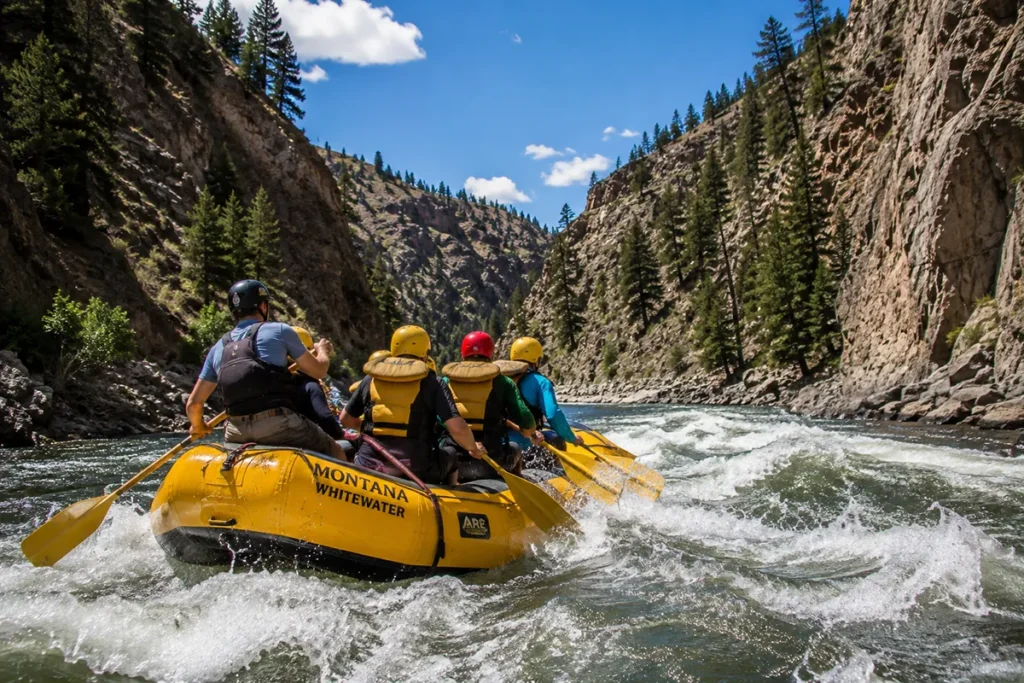 Gallatin River canyon rafters on Class III whitewater south of Bozeman Montana with canyon walls rising overhead