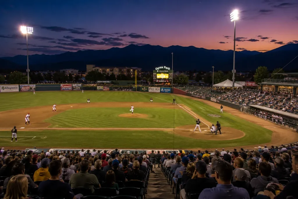 Glacier Range Riders professional baseball game at Legends Stadium in Kalispell Montana with mountains visible in the background