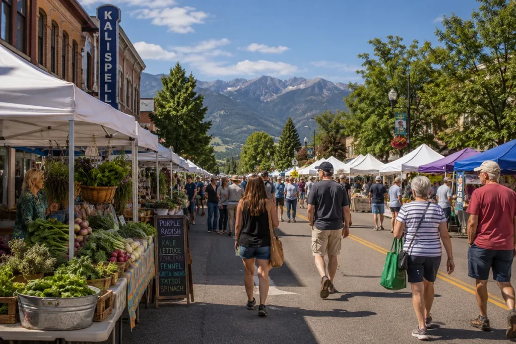 Kalispell Farmers Market on a summer Saturday morning with vendors, produce, and shoppers on Main Street
