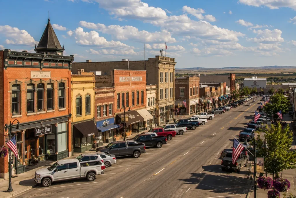 Miles City Montana downtown main street with western storefronts and the Yellowstone River valley in the background