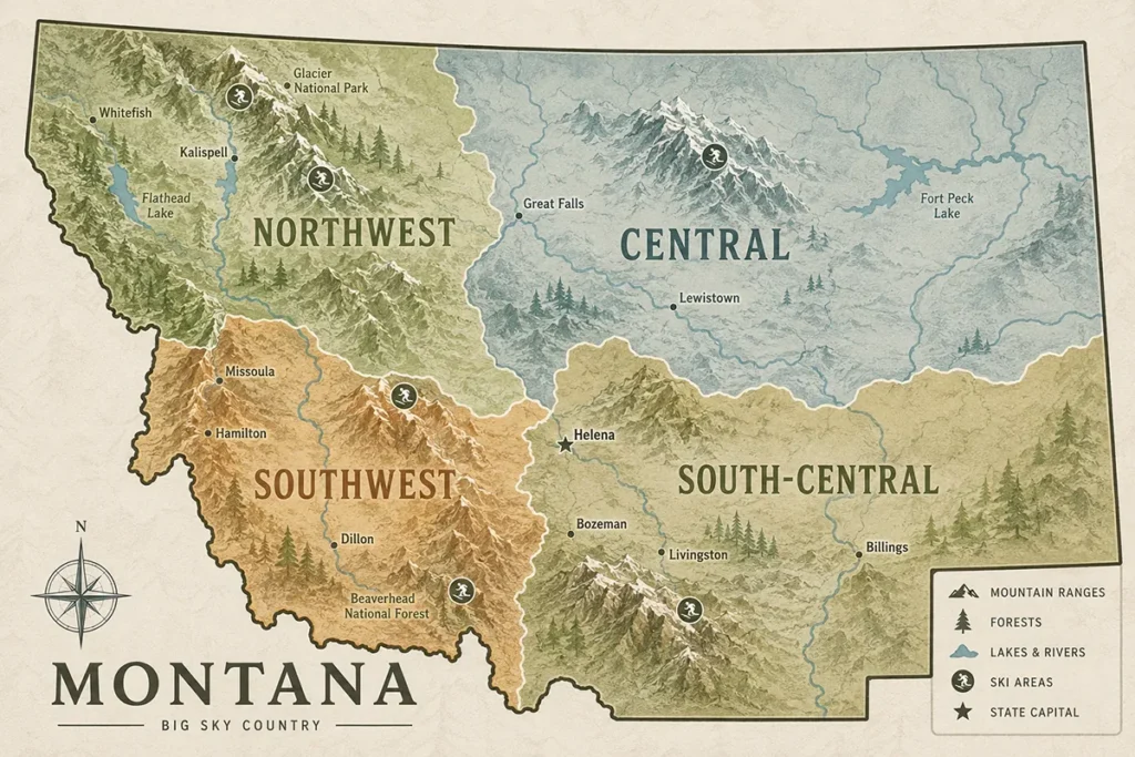Topographic map of Montana showing the location of all 18 ski resorts across the western half of the state