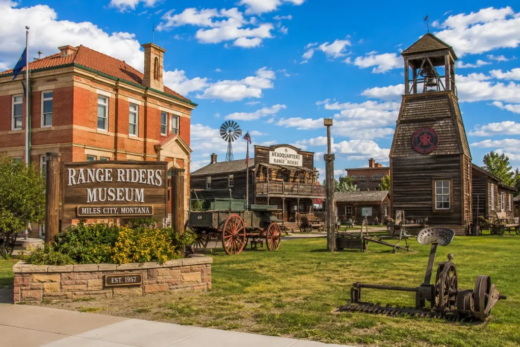Range Riders Museum campus in Miles City Montana showing multiple historic buildings and western artifacts