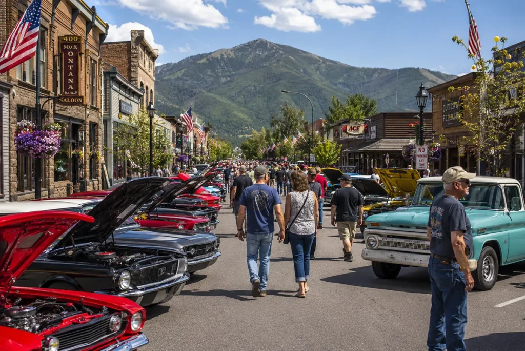 Rumble in the Bay car show on Electric Avenue in Bigfork Montana with classic cars lining the closed main street