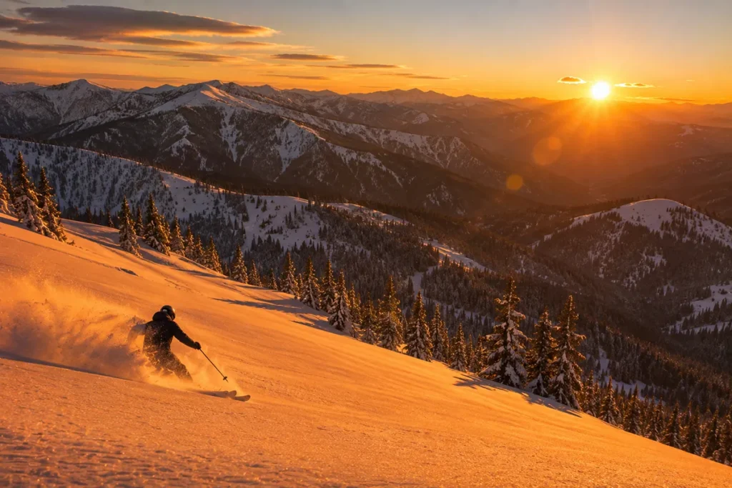 Skier descending a wide powder run at sunset with mountain ranges stretching to the horizon in Montana