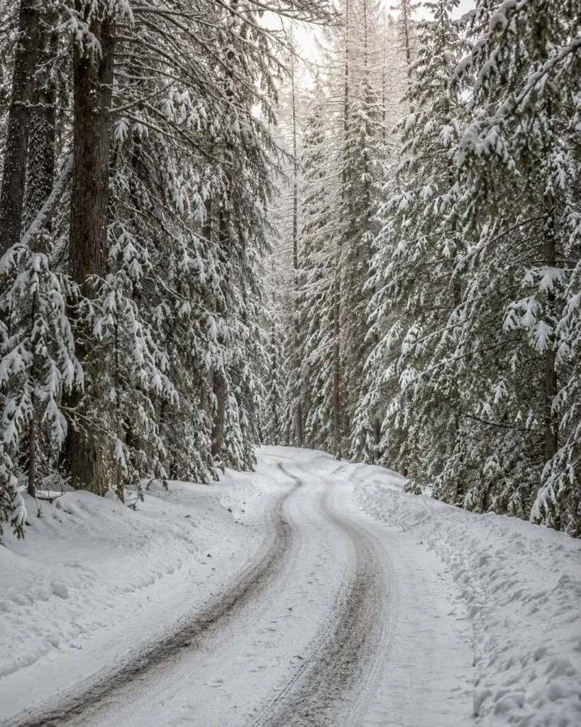 A narrow snow-covered forest road winding through dense old-growth cedar and larch trees on the way up to Turner Mountain in northwest Montana