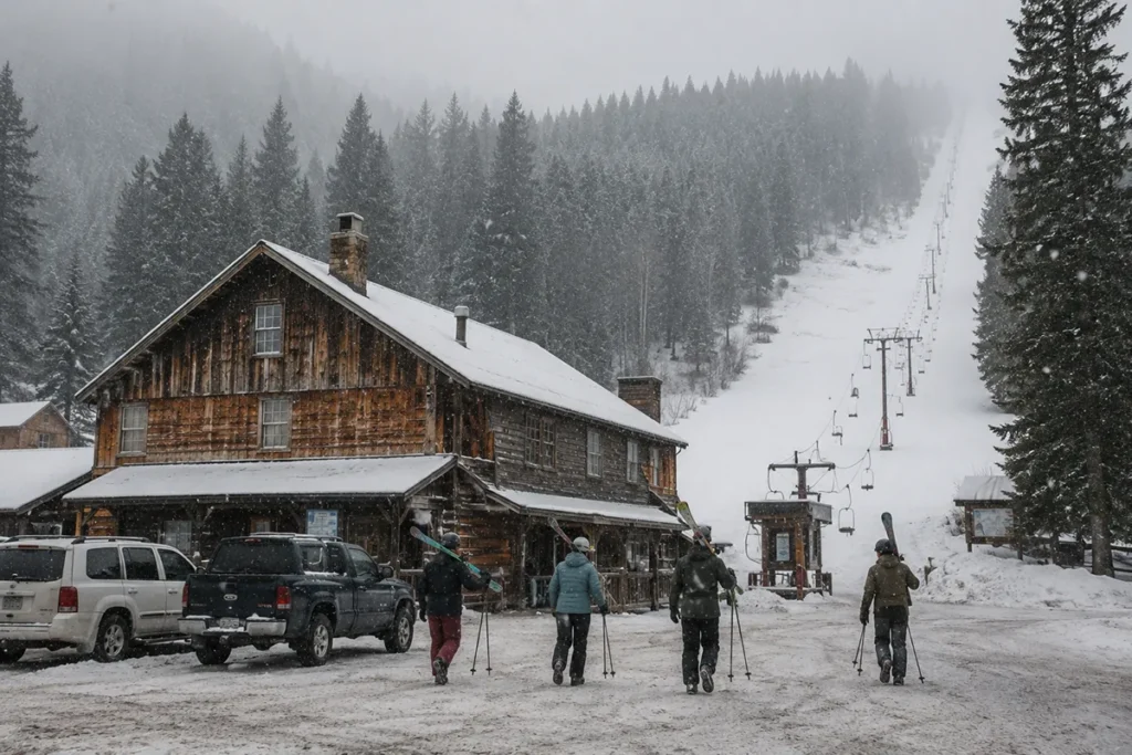 Old-school ski lodge with cars in the snow-covered parking lot and skiers walking toward the lifts at a small Montana ski area