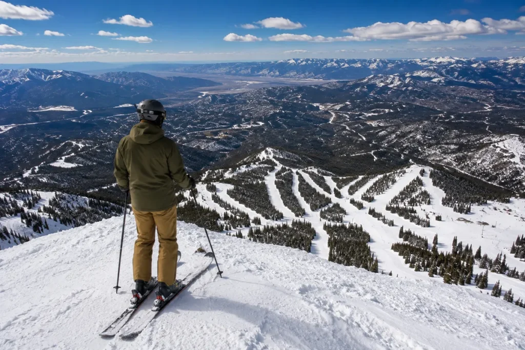 Skier looking out from a Montana summit deciding which run to take with multiple trails visible below