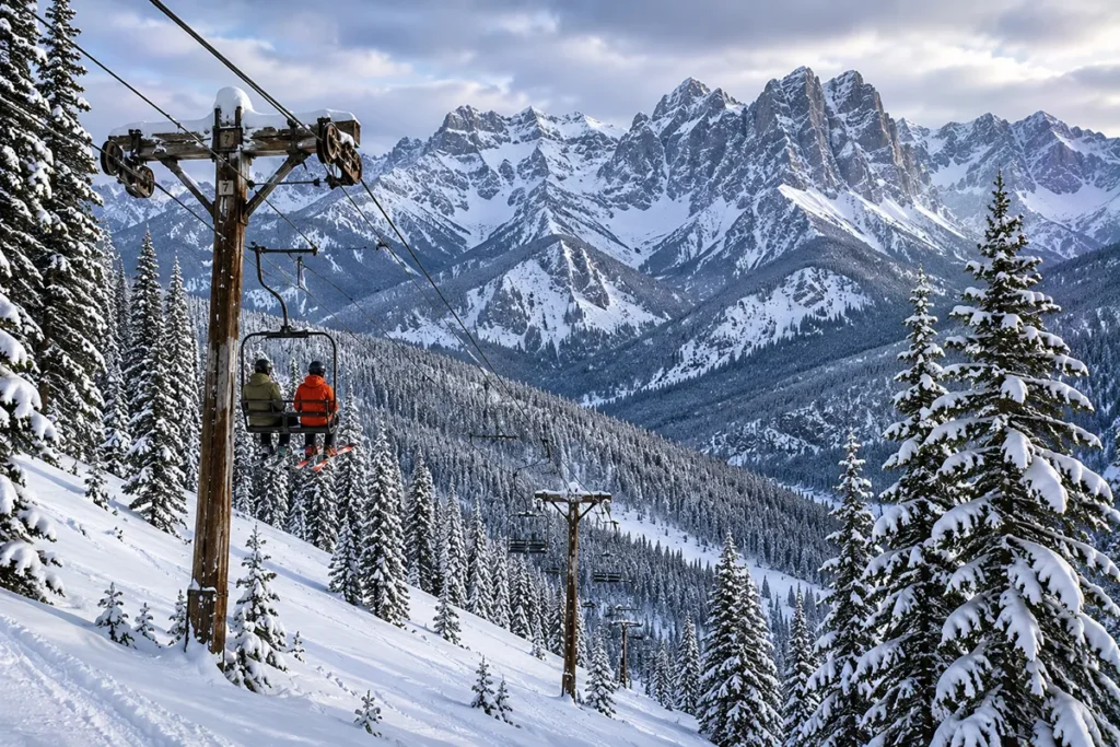 The single double chairlift at Turner Mountain Ski Area rising up a steep tree-lined slope in northwest Montana with the Cabinet Mountains visible in the distance