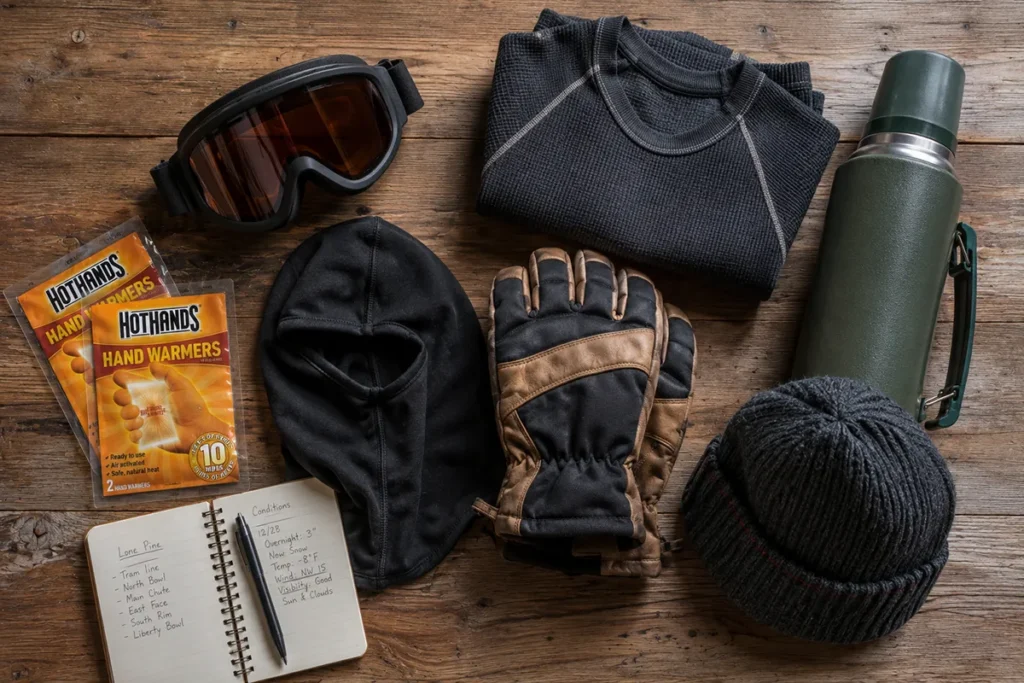 Close-up of hand-warmer packets, ski goggles, and base layers laid out on a wooden lodge table