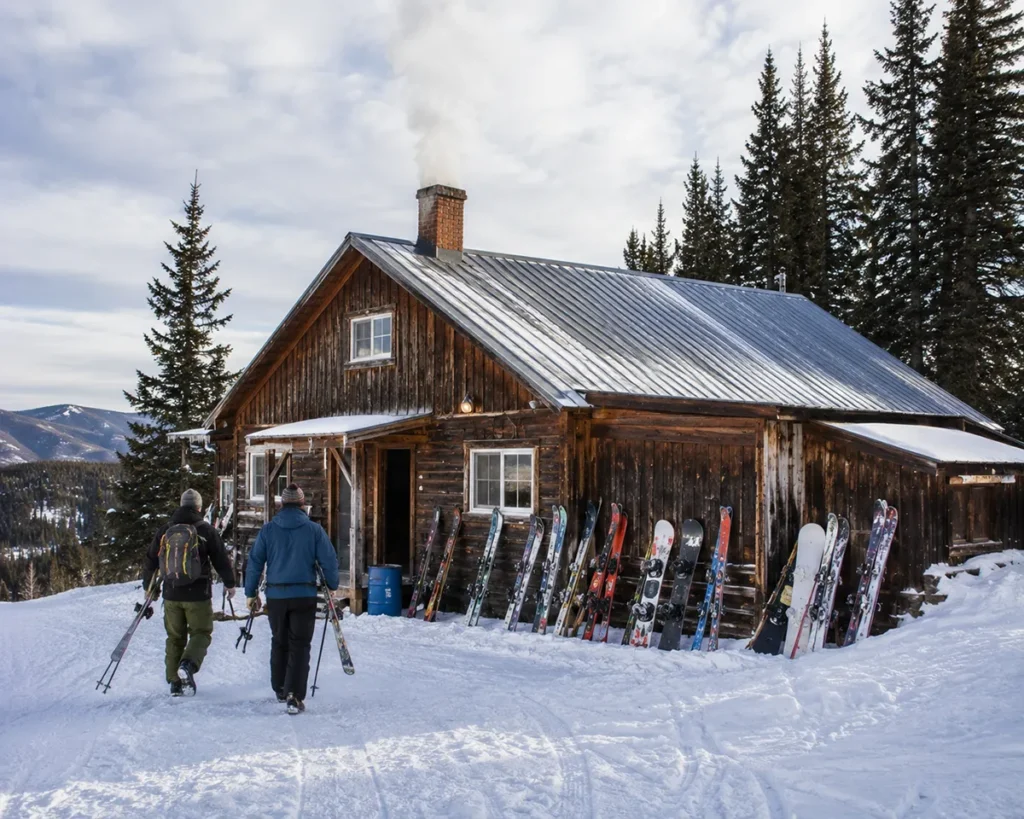 A small wooden ski lodge at Bear Paw Ski Bowl with smoke rising from the chimney and skis and snowboards leaning against the outside walls