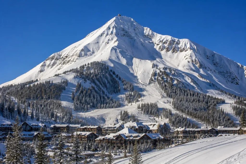 Lone Peak rising dramatically above a winter ski village in southwest Montana on a clear day