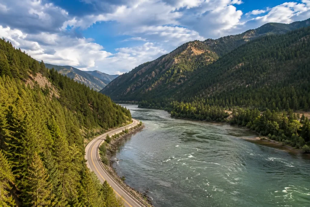 Clark Fork River valley near Paradise Montana with forested mountains and the river winding through the canyon