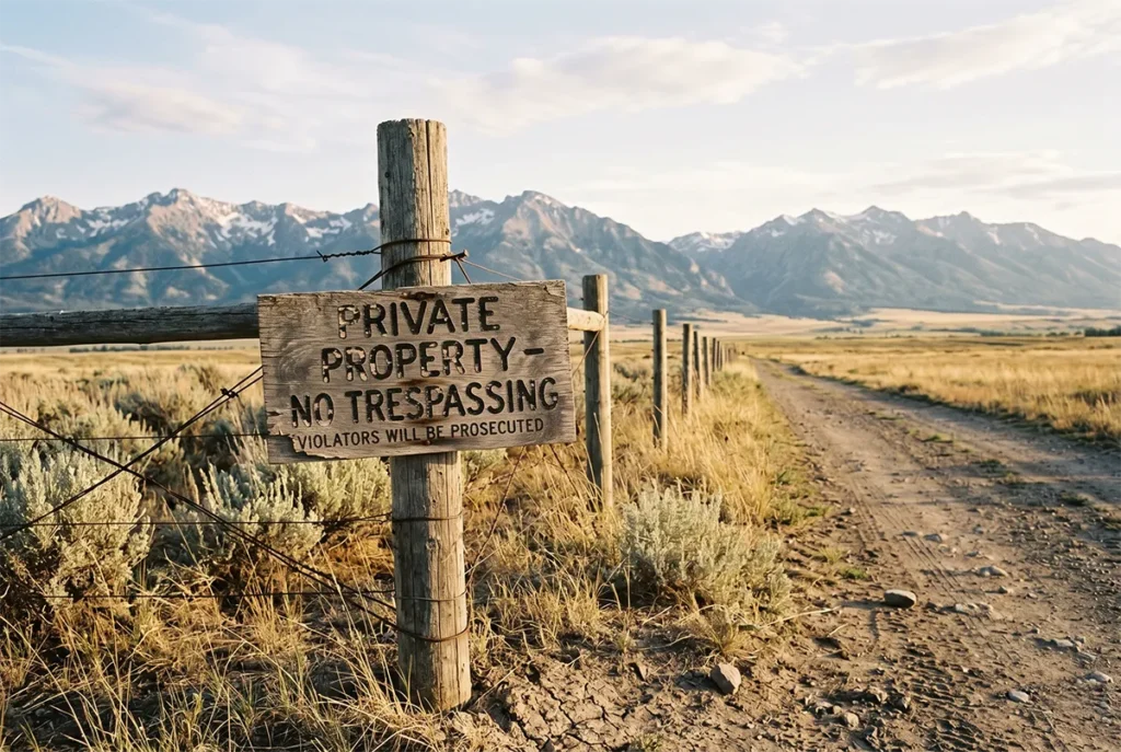 Closure or no-trespassing sign along a rural Montana road indicating private land near hot springs