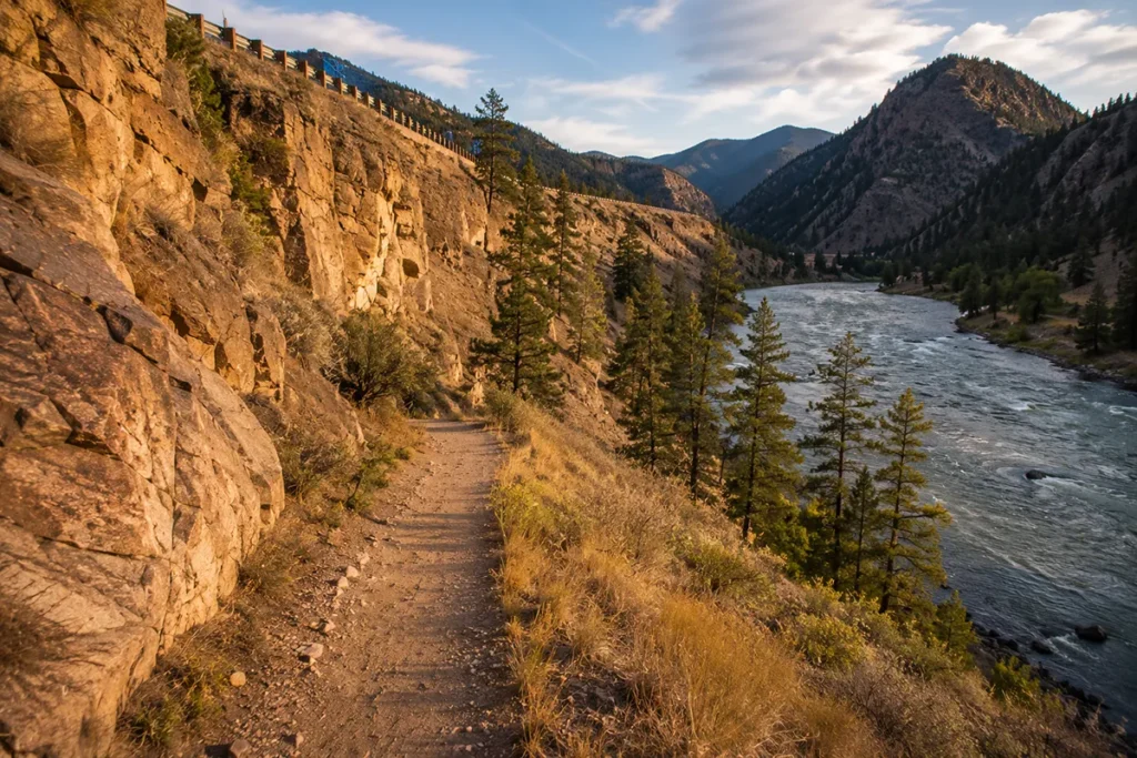 Rocky walking path alongside Interstate 90 leading toward Nimrod Hot Springs