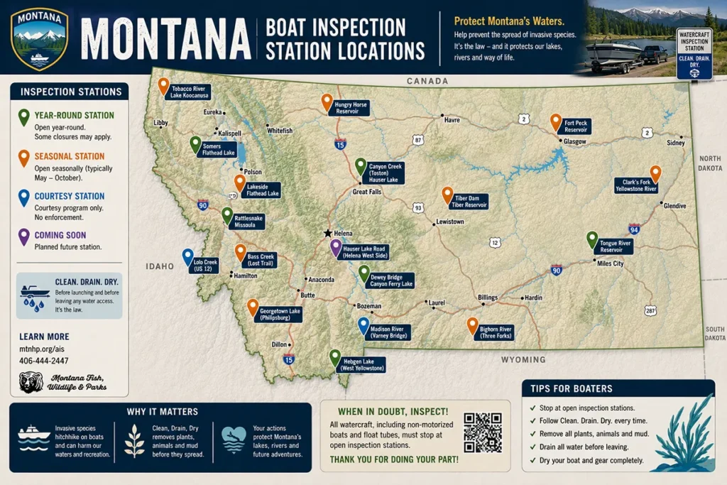 Map of Montana showing boat inspection station locations