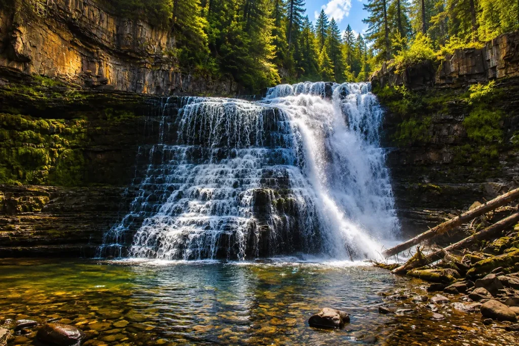 Ousel Falls cascading 100 feet into the canyon with morning light illuminating the mist