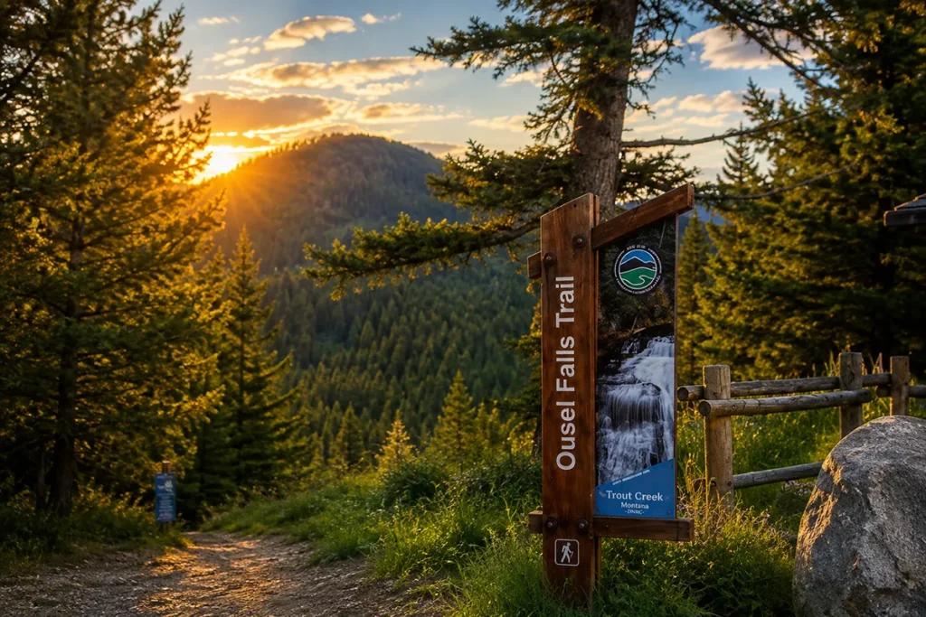 Ousel Falls Trailhead parking area with trail map kiosk and mountain backdrop