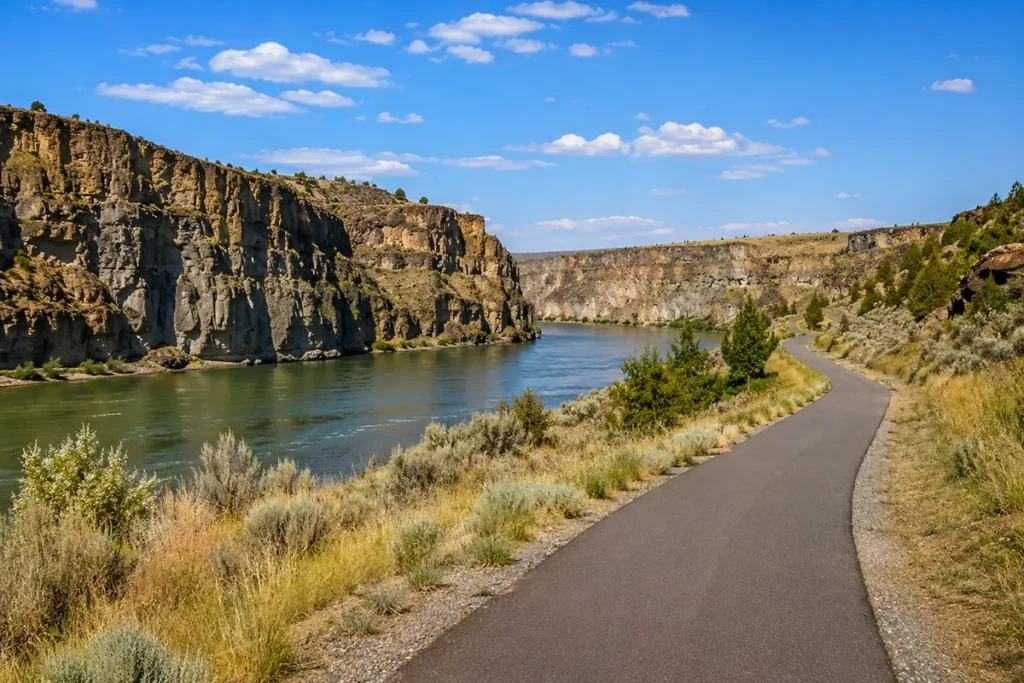 River's Edge Trail paved path along the Missouri River with canyon walls, Great Falls Montana