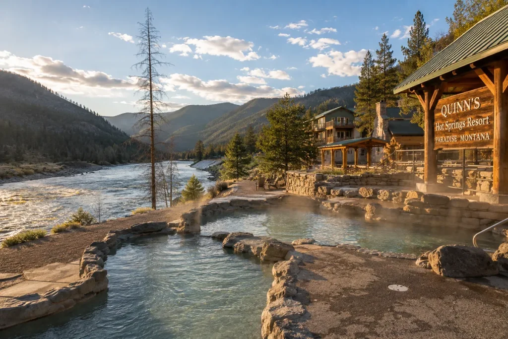 Quinn's Hot Springs Resort on the Clark Fork River near Paradise Montana with mineral pools and mountain views