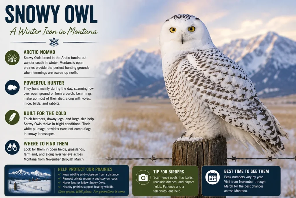 Snowy owl in Montana's winter landscape