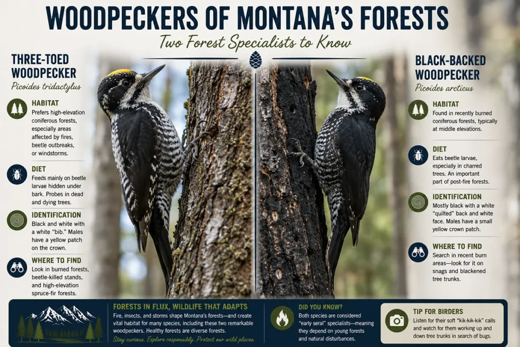 Three-toed Woodpecker and Black-backed Woodpecker