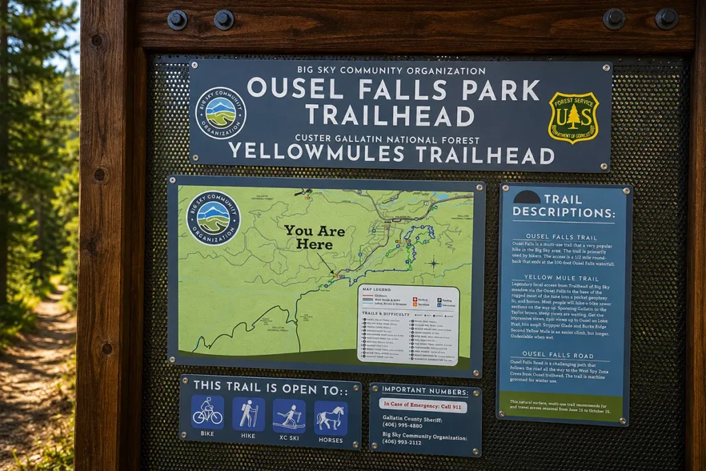 Trail information kiosk at Ousel Falls trailhead showing map and regulations