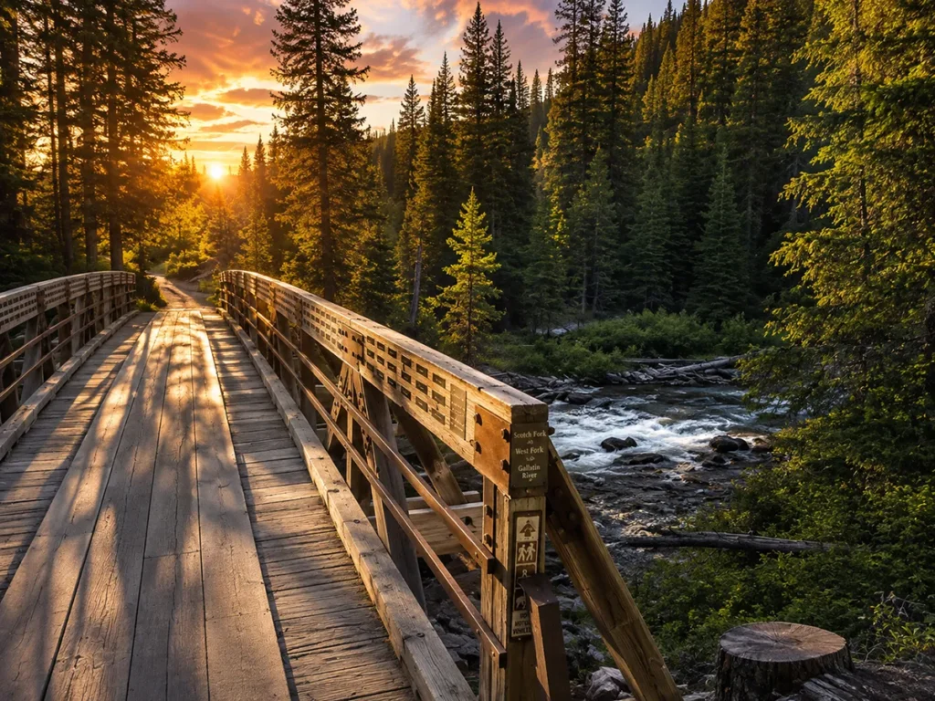 Wooden footbridge crossing seasonal stream surrounded by conifer forest on Ousel Falls Trail