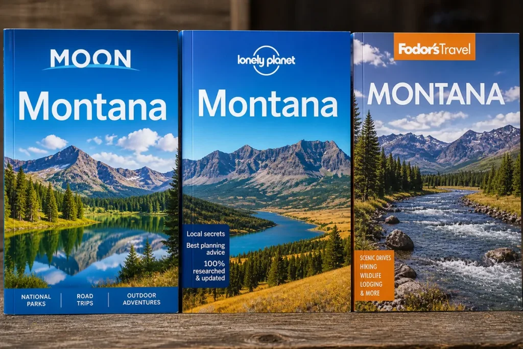 Close-up comparison of Moon Montana, Lonely Planet, and Fodor's Montana guidebook covers