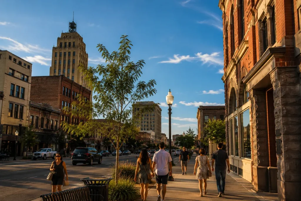 Downtown Billings, Montana street in summer with warm light and pedestrians