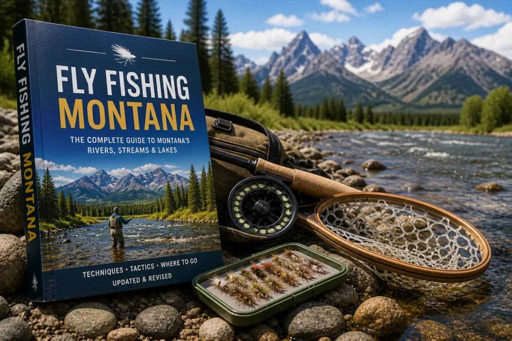 Fly fishing guidebook next to fishing gear on a riverbank with Montana mountain backdrop