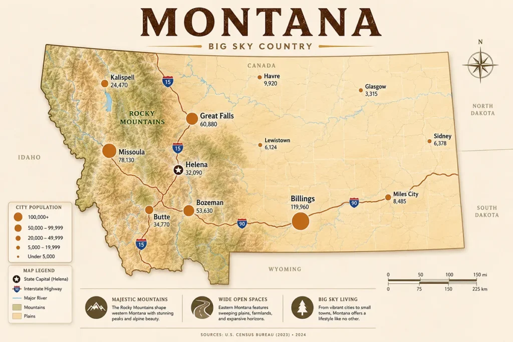 Montana cities map showing population sizes with Billings as largest city, Missoula, Great Falls, Bozeman, Helena marked