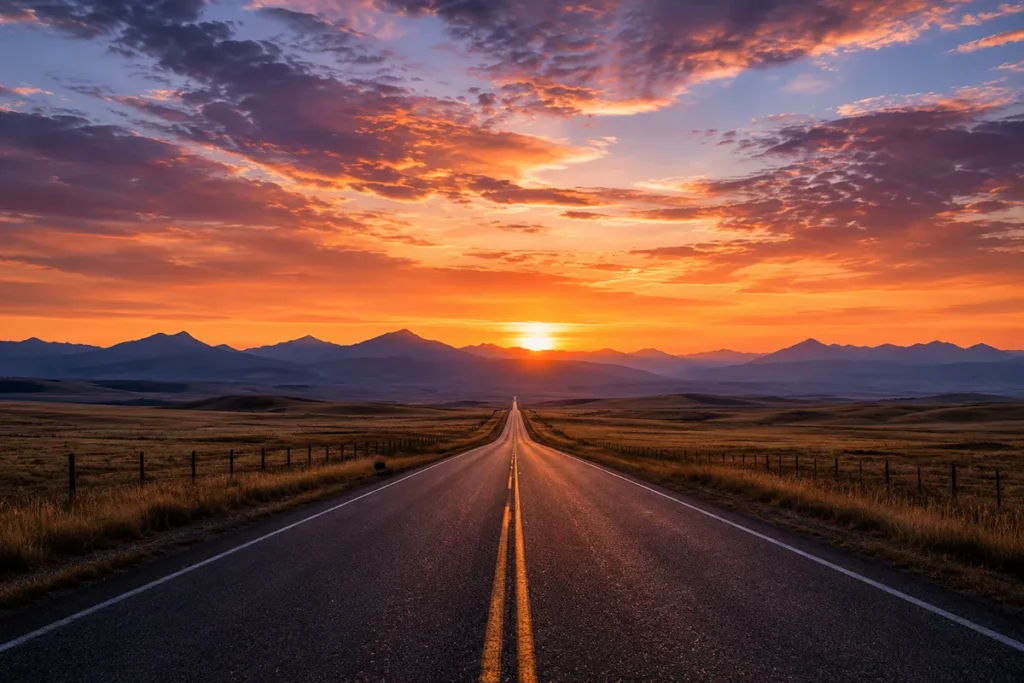 Montana road stretching toward distant mountains at sunset, representing a Montana road trip