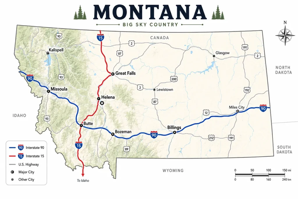 Montana highway map showing I-90 east-west corridor through Billings, Butte, Missoula and I-15 north-south through Helena and Great Falls