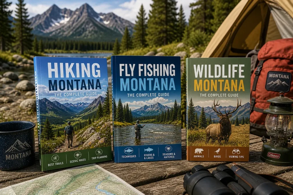 Multiple specialty Montana guidebooks (hiking, fishing, wildlife) arranged on a campsite picnic table