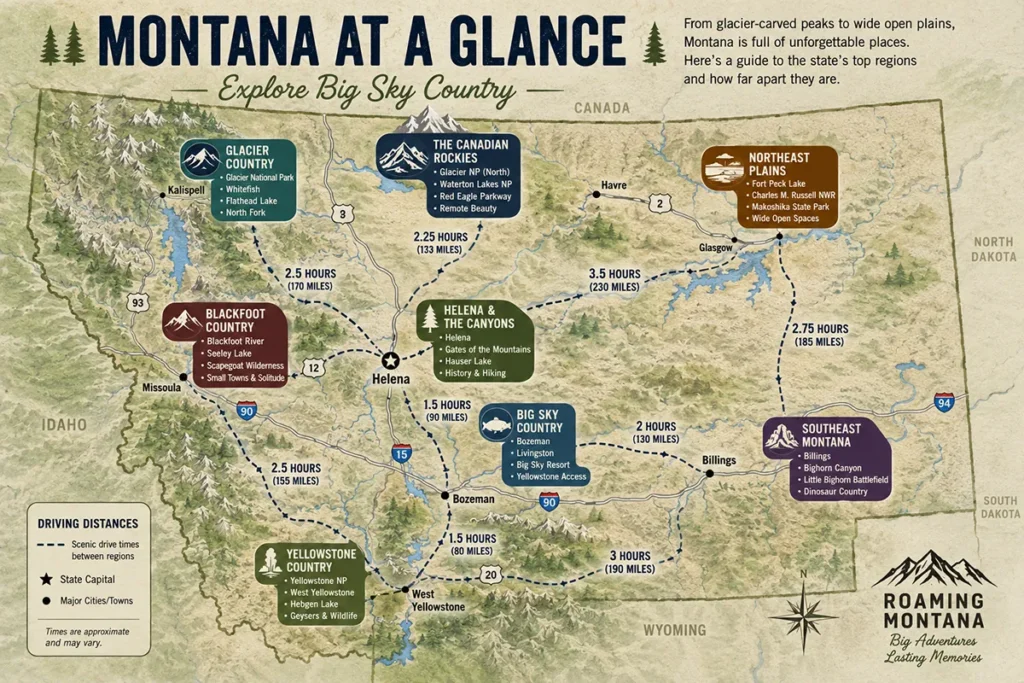 Overhead map illustration of Montana showing major attraction clusters and driving distances between regions