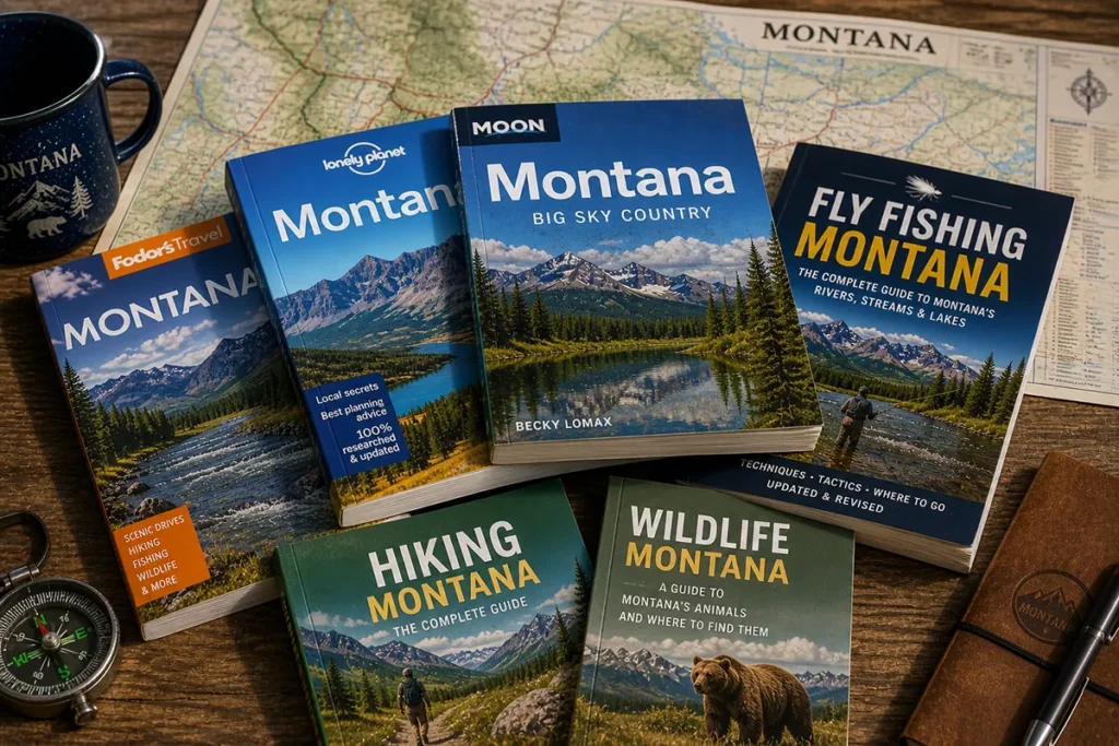 Stack of Montana guidebooks spread on a wooden table with a Montana road map in the background