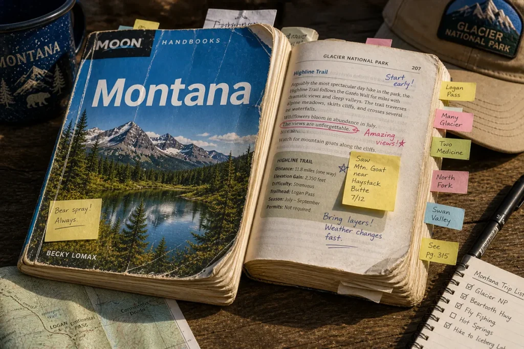 Well-worn Montana guidebook with sticky notes, bookmarks, and handwritten annotations visible