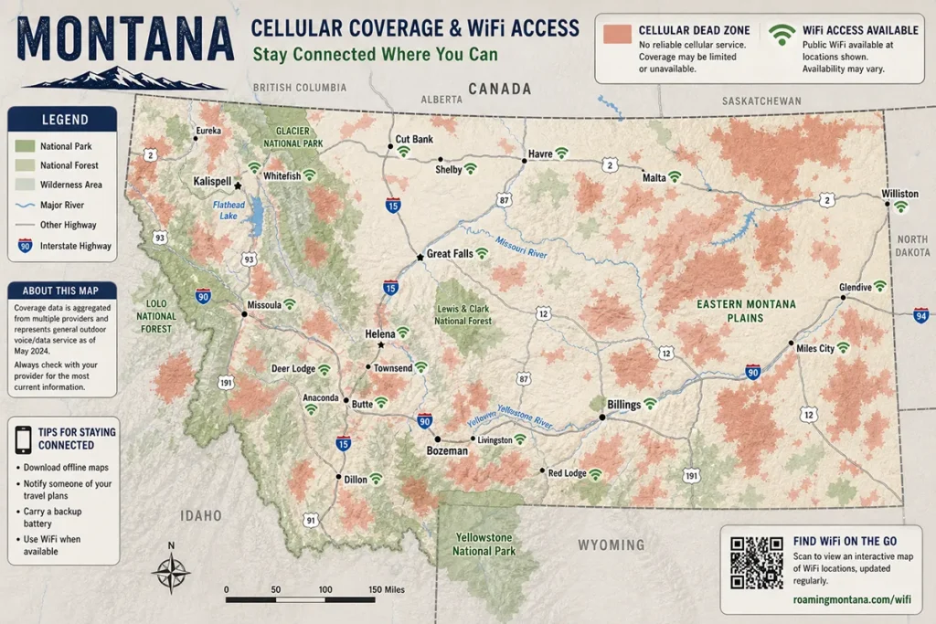 Map of Montana showing cellular dead zones and major towns with WiFi access points