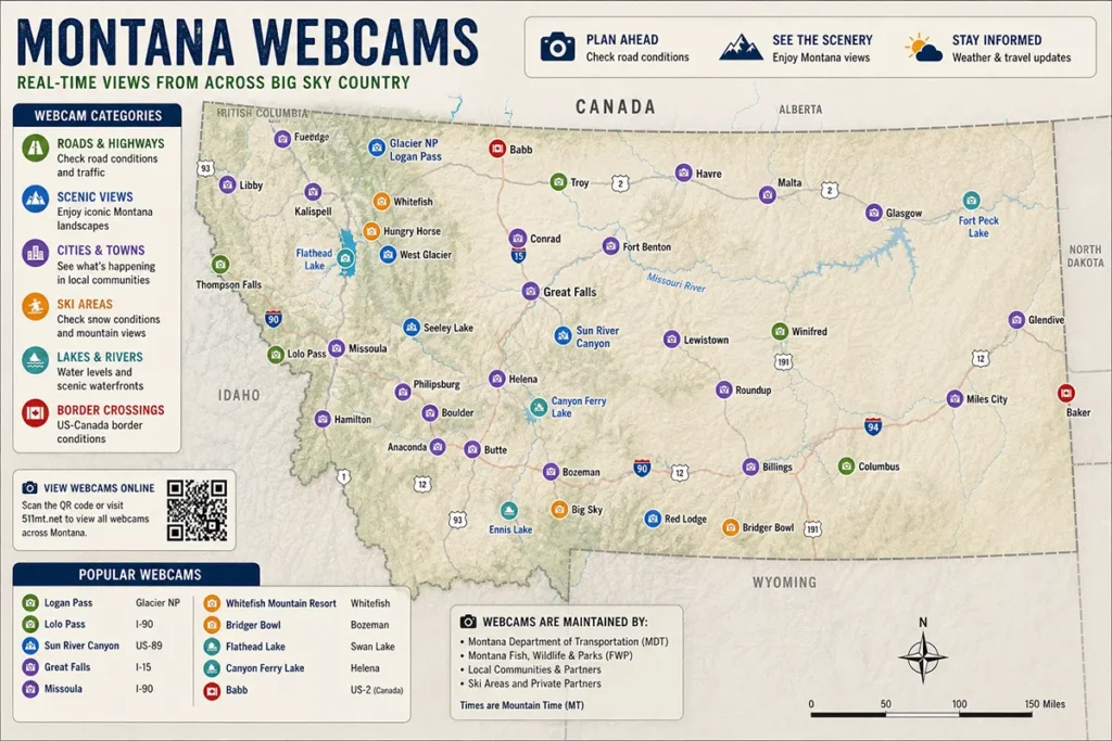 Map of Montana with webcam location markers showing different categories in different colors
