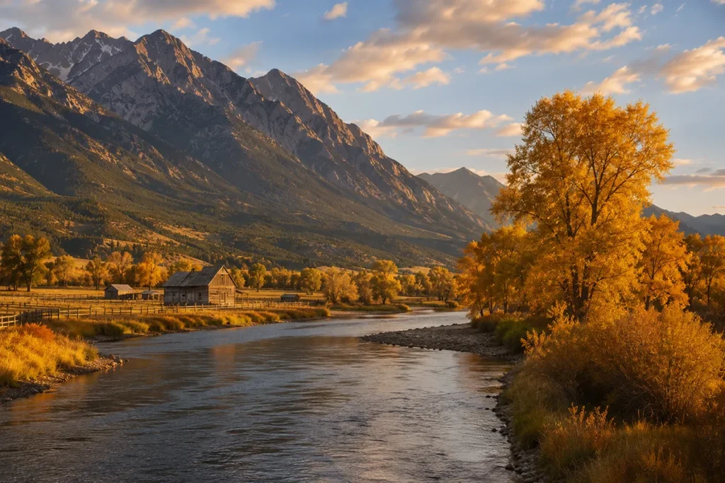 Bitterroot River with surrounding ranchland and mountains in late afternoon light