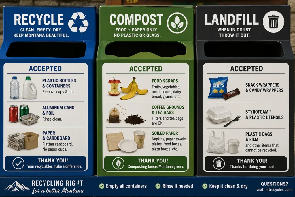 Close-up of recycling sorting bins showing accepted materials