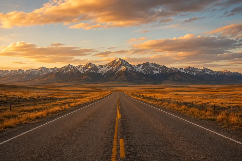 Montana road trip scene with empty two-lane highway leading toward distant mountains