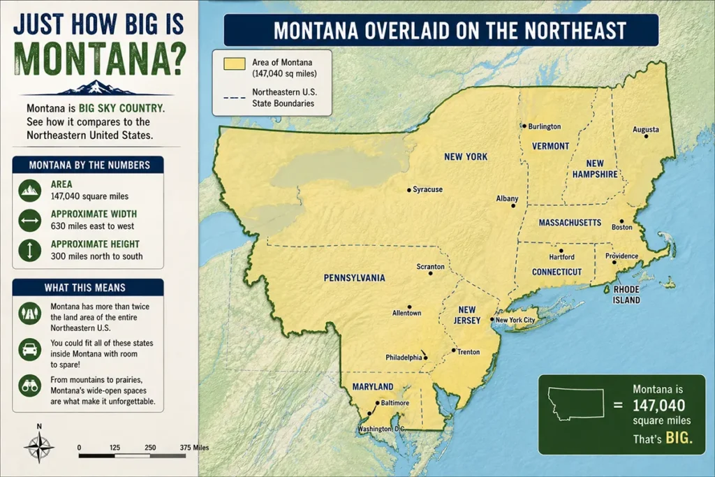Map comparison showing Montana's size overlaid on northeastern US states