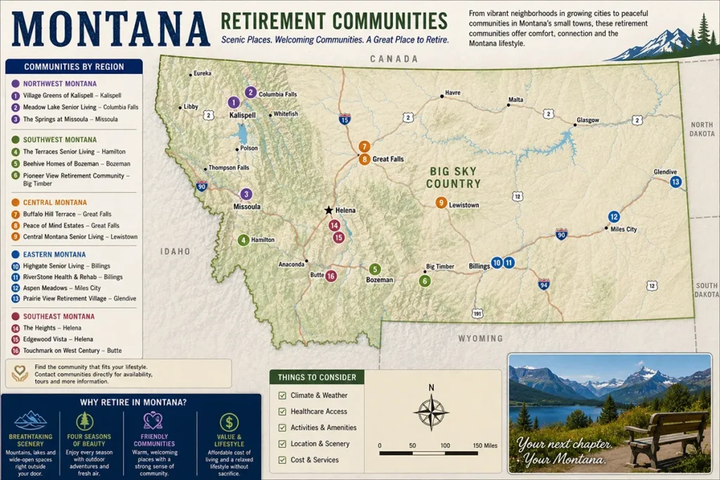 Map of Montana highlighting major retirement community locations