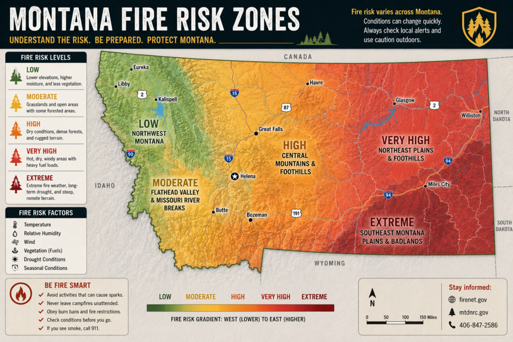 Map of Montana showing fire risk zones from west to east