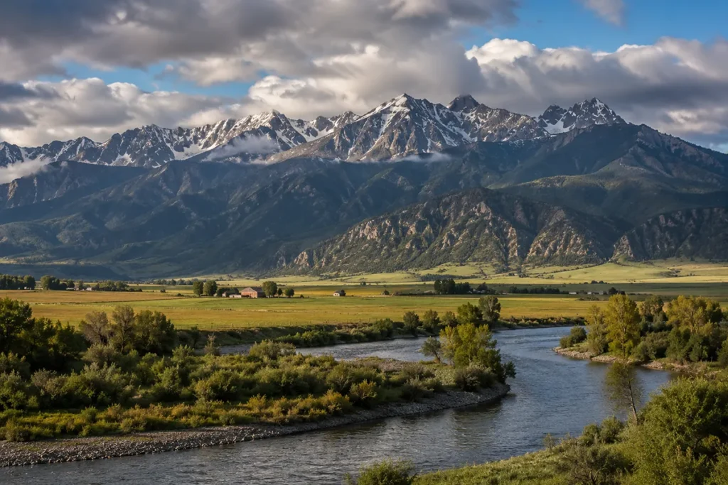 Paradise Valley Montana with Yellowstone River winding through ranch country and Absaroka Mountains in background