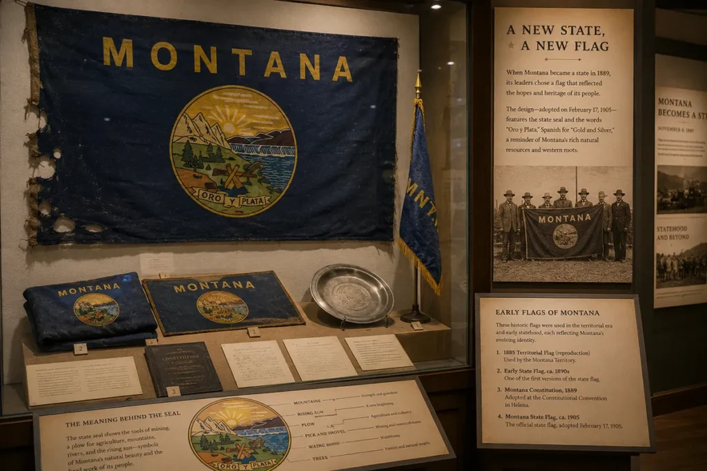 Historical display at Montana Historical Society Museum showing early Montana flag artifacts